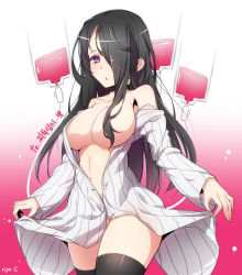 1girl artist_name bare_shoulders black_hair black_thighhighs blood blood_bag blush bottomless breasts buttons choker cleavage clothes_lift copyright_request cowboy_shot gradient_background hair_censor hair_over_breasts hair_over_one_eye highres large_breasts long_hair long_sleeves looking_at_viewer off_shoulder open_clothes open_shirt pajamas purple_eyes ripe.c shirt sketch skirt skirt_lift solo striped_clothes striped_shirt text_focus thighhighs unbuttoned vertical-striped_clothes vertical-striped_shirt very_long_hair rating:Questionable score:25 user:danbooru