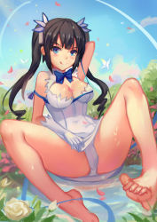 10s 1girl :q arm_behind_back arm_up atdan bad_id bad_pixiv_id bare_legs bare_shoulders barefoot black_hair blue_eyes blue_ribbon blush breasts cameltoe cleavage cleavage_cutout clothing_cutout dress dungeon_ni_deai_wo_motomeru_no_wa_machigatteiru_darou_ka feet female_focus foot_focus gloves hestia_(danmachi) highres large_breasts long_hair looking_at_viewer panties rei_no_himo revision ribbon solo spread_legs tongue tongue_out twintails underwear v-shaped_eyebrows wet white_dress white_gloves white_panties rating:Questionable score:45 user:danbooru