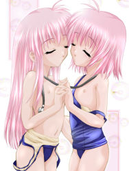  2girls closed_eyes copyright_request flat_chest holding_hands loli multiple_girls nipples one-piece_swimsuit pink_hair stethoscope swimsuit yuri  rating:Questionable score:3 user:Anonymous
