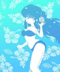  1girl arm_at_side arm_up bikini blue_background breasts cleavage double_bun floral_background flower hair_bun hair_flower hair_ornament highres long_hair looking_at_viewer medium_breasts monochrome navel pensive playing_with_own_hair shampoo_(ranma_1/2) sidelocks swimsuit wanta_(futoshi) 