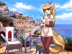  1girl animal_ears balcony blonde_hair blue_eyes bottomless breasts detached_sleeves dr_comet furry furry_female maid maid_headdress nipples no_bra no_panties outdoors pussy socks solo tail terrace thighhighs tray waitress  rating:Explicit score:85 user:Anonymous