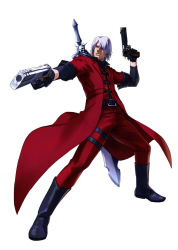 1boy alastor_(sword) blue_eyes capcom coat dante_(devil_may_cry) devil_may_cry_(series) devil_may_cry_1 dual_wielding ebony_(devil_may_cry) fighting_stance gloves gun hair_over_one_eye handgun holding huge_weapon ivory_(devil_may_cry) long_coat m1911 male_focus official_art open_clothes open_coat over_shoulder project_x_zone short_hair silver_hair solo sword thigh_strap weapon weapon_over_shoulder rating:Sensitive score:18 user:danbooru