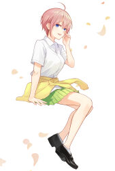  1girl absurdres ahoge ankle_socks bare_arms bare_legs black_footwear blue_eyes breasts clothes_around_waist collared_shirt falling_petals go-toubun_no_hanayome green_skirt hand_on_own_face hashtag-only_commentary highres jacket jacket_around_waist legs loafers looking_at_viewer meijin_kusano nakano_ichika open_mouth petals pink_hair pixie_cut pleated_skirt school_uniform shirt shoes short_hair short_sleeves skirt socks teeth thighs upper_teeth_only white_shirt white_socks yellow_jacket 