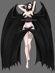 1girl achmunzav arms_up artist_logo barefoot bat_wings berserk black_hair black_wings breasts cosplay covered_erect_nipples covered_pussy demon_girl english_text full_body grey_eyes hands_in_hair highres large_breasts leg_tattoo long_hair looking_at_viewer navel nico_robin one_piece parted_lips slan_(berserk) slan_(berserk)_(cosplay) tattoo watermark web_address wings