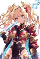  1girl armor bangs blonde_hair blue_eyes blush braid breasts cleavage gauntlets gloves granblue_fantasy hair_intakes hair_ornament hairband highres jewelry leotard long_hair looking_at_viewer navel polearm red_eyes simple_background smile solo spear twintails user_jwrw7447 weapon zeta_(granblue_fantasy) 