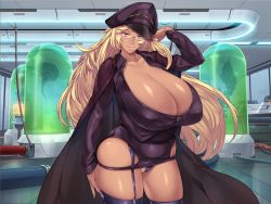  1girl blonde_hair breasts cape character_request cleavage copyright_request cowboy_shot dark_skin dark-skinned_female female_focus garter_straps gigantic_breasts glasses hat indoors long_hair looking_at_viewer mario_(mario_portal) orcsoft peaked_cap plump solo standing thick_thighs thighs very_long_hair  rating:Questionable score:128 user:Juni221