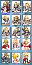  1girl absurdres alex_ahad_(style) araki_hirohiko_(style) bare_shoulders bleach blonde_hair braid breasts clarent_(fate) commentary creatures_(company) disgaea dragon_ball english_commentary fate/apocrypha fate/grand_order fate/stay_night fate_(series) final_fantasy french_braid game_freak green_eyes greyscale grin hair_ornament hair_scrunchie harada_takehito_(style) highres holding holding_sword holding_weapon jojo_no_kimyou_na_bouken kishimoto_masashi_(style) kubo_tite_(style) long_hair monochrome mordred_(fate) mordred_(fate/apocrypha) multiple_style_parody naruto_(series) navel nintendo open_mouth panty_&amp;_stocking_with_garterbelt parody poke_ball poke_ball_(basic) pokemon ponytail scrunchie skullgirls small_breasts smile solo style_parody sword takeuchi_takashi_(style) toriyama_akira_(style) wada_aruko_(style) weapon zantyarz 