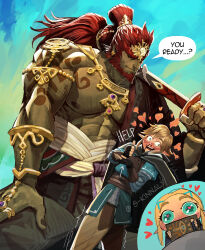  1girl 2boys abs absurdres artist_name baggy_pants beard biceps blonde_hair blood blue_sky colored_skin crown earrings facial_hair ganondorf green_skin heart heart-shaped_pupils highres holding holding_sword holding_weapon implied_bisexual japanese_clothes jewelry katana kimono large_pectorals link long_hair looking_to_the_side multiple_boys muscular muscular_male nervous nintendo nipples nosebleed pants pectorals pointy_ears ponytail princess_zelda red_eyes red_hair sara_kinnaly sheikah_slate short_hair shoulder_tattoo sign_language sky smirk speech_bubble sword symbol-shaped_pupils tattoo the_legend_of_zelda the_legend_of_zelda:_tears_of_the_kingdom thick_arms thick_eyebrows trembling twitter_username weapon 