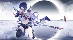  1girl absurdres acheron_(honkai:_star_rail) aoye_pudding_(wg) armor asymmetrical_legwear bandaged_arm bandaged_leg bandages bare_shoulders belt black_belt black_gloves black_hole black_shorts boots broken broken_chain chain chain_around_arm closed_mouth coat coattails colored_extremities commentary_request eyes_visible_through_hair glint gloves hair_intakes hair_ornament hair_over_one_eye highres holding holding_sword holding_weapon honkai:_star_rail honkai_(series) knee_boots leg_tattoo long_hair looking_at_viewer midriff multicolored_hair navel oil-paper_umbrella purple_eyes purple_hair red_petals scabbard sheath shorts shoulder_armor single_knee_boot single_thigh_boot solo streaked_hair sword tattoo thigh_boots thighs umbrella unsheathing water weapon white_coat 
