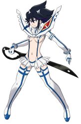  1girl alternative_colors black_hair blue_eyes border breasts highres holding holding_weapon junketsu kill_la_kill looking_at_viewer masakin matoi_ryuuko medium_breasts messy_hair midriff multicolored_hair navel open_mouth revealing_clothes scissor_blade_(kill_la_kill) senketsu short_hair showgirl_skirt skirt streaked_hair suspender_skirt suspenders teeth thighhighs two-tone_hair underboob weapon white_thighhighs 