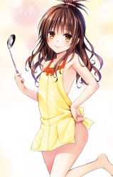 10s 1girl apron armpits barefoot blush brown_eyes brown_hair cleaned collarbone copyright_name feet female_focus half_updo hand_on_own_hip highres ladle legs long_hair looking_at_viewer matching_hair/eyes naked_apron official_art smile solo standing standing_on_one_leg to_love-ru to_love-ru_darkness wavy_hair yabuki_kentarou yuuki_mikan rating:Questionable score:94 user:AsperSEVEN