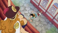  1girl amazon_lily amazon_warrior animated animated_gif aphelandra black_eyes black_hair blonde_hair bouncing_breasts breasts cleavage hat helmet jumping large_breasts long_hair lowres monkey_d._luffy one_piece pirate standing  rating:Sensitive score:61 user:Kentabarou