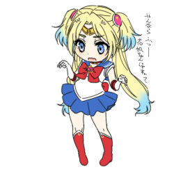  1girl back_bow bishoujo_senshi_sailor_moon blonde_hair blue_eyes blue_hair blue_sailor_collar blue_skirt boots bow bowtie choker circlet commentary_request cosplay deformed elbow_gloves fang full_body gloves gradient_hair hands_up high_heel_boots high_heels knee_boots light_blue_hair link!_like!_love_live! long_hair love_live! miniskirt multicolored_hair osawa_rurino parted_bangs pleated_skirt red_bow red_bowtie red_choker red_footwear sailor_collar sailor_moon sailor_moon_(cosplay) shinanoya_(satanicad) shirt short_sleeves simple_background skin_fang skirt solo standing translation_request twintails very_long_hair virtual_youtuber white_background white_gloves white_shirt 