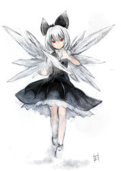  1girl akaitera albino alternate_color bad_id bad_pixiv_id bow cirno dress dress_shirt fairy fog hair_bow lace lace-trimmed_dress lace_trim looking_at_viewer medium_dress pale_skin red_eyes shirt short_hair short_sleeves skirt solo standing touhou white_hair wings  rating:Sensitive score:11 user:danbooru