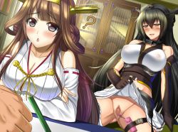 10s 2girls ? bad_id bad_pixiv_id black_hair blush breasts broken_pencil brown_hair censored cleavage clothes_lift covered_erect_nipples detached_sleeves double_bun gloves hairband headgear japanese_clothes kantai_collection kongou_(kancolle) large_breasts long_hair miniskirt multiple_girls nagato_(kancolle) nontraditional_miko open_mouth pencil pussy red_eyes sex_toy shibata_rai skirt skirt_lift vibrator rating:Explicit score:27 user:danbooru