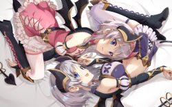  2girls akari_(princess_connect!) blue_eyes blush breasts demon_girl demon_horns grey_hair highres horns large_breasts looking_at_viewer multiple_girls princess_connect! small_breasts yansun yori_(princess_connect!) 