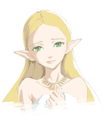  1girl bare_shoulders blonde_hair dress green_eyes hand_on_own_chest hashiguchi_takashi highres jewelry light_smile looking_at_viewer necklace nintendo parted_lips pointy_ears princess_zelda solo the_legend_of_zelda the_legend_of_zelda:_breath_of_the_wild upper_body white_dress 