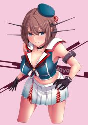  1girl black_gloves blue_eyes blue_hat blue_shirt breasts brown_hair cleavage commentary_request cropped_legs gloves hair_ornament hat headgear highres jouzaburou_(joe3) kantai_collection large_breasts machinery maya_(kancolle) maya_kai_ni_(kancolle) midriff mini_hat pink_background pleated_skirt sailor_collar sailor_shirt school_uniform serafuku shirt short_hair skirt sleeveless sleeveless_shirt solo white_sailor_collar white_skirt x_hair_ornament 