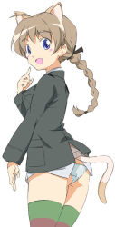  1girl :d ahoge animal_ears ass blush braid braided_ponytail brown_hair cat_ears cat_tail cowboy cowboy_shot cowboy_western extra_ears from_behind hair_ribbon jacket long_hair long_sleeves looking_back lynette_bishop open_mouth panties purple_eyes ribbon simple_background single_braid smile solo strike_witches striped_clothes striped_thighhighs tail thighhighs umanosuke underwear western white_background white_panties world_witches_series  rating:Sensitive score:18 user:danbooru