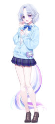  1girl a20_(atsumaru) ayatsuno_yuni blue_bow blue_bowtie blue_hair bow bowtie brown_footwear collar collared_shirt full_body grey_hair highres horse_tail loafers long_sleeves looking_at_viewer multicolored_hair open_mouth pink_hair pleated_skirt purple_eyes purple_hair school_uniform shirt shoes short_hair simple_background skirt smile solo standing stellive symbol-shaped_pupils tail teeth upper_teeth_only virtual_youtuber white_background white_collar white_shirt 