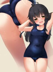  1girl ahoge armpits arms_behind_head arms_up ass bare_arms black_hair blue_one-piece_swimsuit blush breasts cameltoe cleft_of_venus collarbone commentary_request covered_navel cowboy_shot from_behind gluteal_fold highres kantai_collection kuro_yanagi legs long_hair looking_at_viewer mikazuki_(kancolle) multiple_views old_school_swimsuit one-piece_swimsuit open_mouth paid_reward_available presenting_armpit projected_inset ripples school_swimsuit school_swimsuit_flap small_breasts smug swimsuit taut_clothes taut_swimsuit thigh_gap thighs wet wet_clothes wet_swimsuit white_background yellow_eyes 