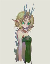  1girl aqua_eyes blonde_hair closed_mouth colored_sclera dragon_horns dress green_dress green_sclera highres horns looking_at_viewer medium_hair nintendo pointy_ears princess_zelda sidelocks simple_background solo spikes spoilers strapless strapless_dress the_legend_of_zelda the_legend_of_zelda:_tears_of_the_kingdom this_is_chamchi upper_body white_background 