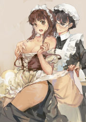  10s 2girls apron assisted_exposure bad_id bad_pixiv_id bare_shoulders black_hair blush grabbing_another&#039;s_breast breasts brown_eyes brown_hair clothes_lift corset dress dress_lift female_focus glasses grabbing groping hat hjl large_breasts maid maid-chou_(maoyuu) maid_ane_(maoyuu) maid_apron maid_cap maid_headdress maoyuu_maou_yuusha mob_cap multiple_girls nipples off_shoulder open_mouth skirt skirt_lift smile surprised thighhighs undressing yuri  rating:Explicit score:216 user:Rikko-43