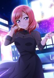  1girl adjusting_hair alternate_costume black_dress breasts building dress grin hands_up highres looking_at_viewer love_live! love_live!_school_idol_project medium_hair night night_sky nishikino_maki parted_lips purple_eyes red_hair red_nails shiratama_(siratama_ll) sky small_breasts smile solo star_(sky) swept_bangs 