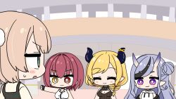 4girls bare_shoulders black_choker black_hair black_jacket blonde_hair blue_hair blush_stickers braid braided_bun breast_tattoo breasts brown_sweater button_gap chibi choker cleavage cleavage_cutout clenched_hand closed_eyes closed_mouth clothing_cutout collared_shirt commentary_request demon_horns drawstring dress facing_viewer fang from_behind green_dress green_eyes hair_bun hair_ornament heterochromia highres hololive hood hood_down hoodie horn_ornament horn_ring horns houshou_marine houshou_marine_(businesswoman) indie_virtual_youtuber jacket jewelry jitome lapels light_brown_hair long_hair looking_at_another low-braided_long_hair low-tied_long_hair momonofu multicolored_hair multiple_girls necklace nijisanji notched_lapels off_shoulder official_alternate_costume official_alternate_hairstyle open_clothes open_jacket outstretched_arm parted_lips partially_unbuttoned pinafore_dress plaid plaid_dress pointy_ears pom_pom_(clothes) pom_pom_hair_ornament purple_eyes purple_hair red_eyes ribbed_sweater rindou_mikoto rindou_mikoto_(5th_costume) shigure_ui_(vtuber) shigure_ui_(vtuber)_(casual) shirt short_eyebrows short_hair side_braid single_side_bun skin-covered_horns skin_fang sleeveless sleeveless_dress sleeveless_hoodie sleeveless_shirt sleeveless_sweater smile streaked_hair sweatdrop sweater swept_bangs tattoo thick_eyebrows two-tone_hair virtual_youtuber white_hoodie white_shirt yellow_eyes yuzuki_choco yuzuki_choco_(streetwear)