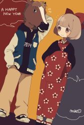  1boy 1girl 2014 arm_behind_head black_hoodie blue_jacket bob_cut bow brown_eyes brown_hair brown_pants chinese_zodiac flying_sweatdrops hair_bow hand_in_pocket hands_in_opposite_sleeves happy_new_year highres hood hood_down hoodie horse_mask jacket japanese_clothes long_sleeves maco22 mask new_year original pants red_bow short_hair signature smile socks speech_bubble standing white_socks year_of_the_horse 