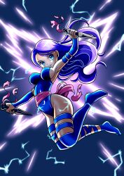  1girl artist_request ass black_hair black_leotard breasts clenched_hands covered_navel curvy floating_hair full_body highleg highleg_leotard highres holding_kunai impossible_clothes impossible_leotard jumping kunai leotard lips long_hair looking_at_viewer marvel medium_breasts psychic psylocke sash shiny_clothes shiny_skin simple_background solo standing thong_leotard very_long_hair weapon x-men 
