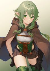 1girl black_bow bow breasts elf female_focus gloves goblin_slayer! green_eyes green_hair hair_bow herfstijl high_elf_archer_(goblin_slayer!) highres long_hair looking_at_viewer pointy_ears short_shorts shorts sidelocks simple_background small_breasts smile solo thighhighs walking rating:Sensitive score:56 user:danbooru