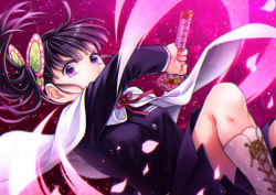  1girl black_hair black_jacket black_skirt blunt_bangs boots breasts butterfly_hair_ornament cape demon_slayer_uniform falling_petals feet_out_of_frame fighting_stance hair_ornament holding holding_sword holding_weapon jacket katana kimetsu_no_yaiba long_sleeves looking_at_viewer medium_breasts neck_ribbon petals pink_background pleated_skirt purple_eyes red_ribbon ribbon shirt side_ponytail skirt solo sword tsuyuri_kanao twilightend weapon white_cape white_footwear white_shirt 