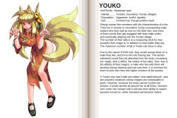 1girl animal_ears bell blonde_hair blush breasts character_profile china_dress chinese_clothes dress english_text fox_ears fox_girl fox_tail hard-translated inari kenkou_cross kitsune kyuubi large_breasts monster_girl monster_girl_encyclopedia multiple_tails naughty_face official_art pink_eyes side_slit solo tail third-party_edit tongue translated youko youko_(monster_girl_encyclopedia) rating:Questionable score:104 user:danbooru