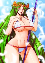 1girl alternate_breast_size alternate_costume bikini breasts cleavage cloud covered_erect_nipples curvy day green_eyes green_hair hair_ornament jadenkaiba kid_icarus kid_icarus_uprising large_breasts long_hair looking_at_viewer matching_hair/eyes navel nintendo open_mouth palutena solo standing super_smash_bros. swimsuit tongue underboob very_long_hair white_bikini wide_hips rating:Questionable score:84 user:jojosstand