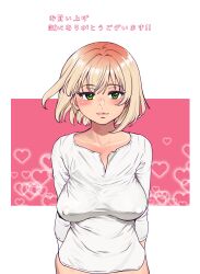  1girl absurdres blonde_hair bottomless breasts collarbone commentary_request covered_erect_nipples green_eyes heart heart_background highres large_breasts medium_hair no_bra original shirt shiwasu_no_okina smile solo translation_request underwear white_shirt 