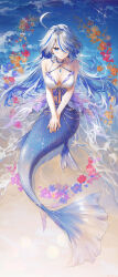  1girl absurdres ahoge bare_shoulders blue_eyes blue_gemstone blue_hair breasts cleavage drop-shaped_pupils flower full_body furina_(genshin_impact) gem genshin_impact hair_between_eyes hair_over_one_eye highres jewelry long_hair looking_at_viewer medium_breasts mermaid monster_girl multicolored_hair necklace outdoors own_hands_together pearl_necklace solo streaked_hair swkl:d symbol-shaped_pupils water white_hair 