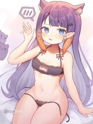  1girl animal_ear_fluff animal_ears artist_name bare_arms bare_legs bare_shoulders bed bed_sheet belly bikini blue_eyes blush breasts cat_ears cat_girl cat_lingerie cleavage_cutout clothing_cutout drawn_whiskers eyelashes front-tie_bikini_top front-tie_top gluteal_fold hair_behind_ear hair_ornament hands_up highres hololive hololive_english long_hair looking_at_another looking_at_viewer meme_attire multicolored_hair navel ninomae_ina&#039;nis open_mouth orange_hair panties purple_hair simple_background sitting small_breasts speech_bubble string_bikini string_panties swimsuit szuukie takodachi_(ninomae_ina&#039;nis) thick_thighs thighs twitter_username underwear untied_bikini very_long_hair virtual_youtuber waving white_background wide_hips  rating:Questionable score:32 user:.nyan.maru.