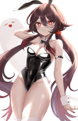  1girl absurdres alternate_costume animal_ears arm_belt arm_up arms_behind_head bare_shoulders belt black_belt black_bow black_bowtie black_nails boo_tao_(genshin_impact) bow bowtie breasts brown_hair collar colored_tips covered_navel cowboy_shot detached_collar fake_animal_ears fake_tail flower-shaped_pupils genshin_impact ghost gradient_hair grin groin hair_between_eyes hair_flaps highleg highleg_leotard highres hu_tao_(genshin_impact) legs_together leotard long_hair looking_at_viewer low_twintails medium_breasts multicolored_hair nail_polish playboy_bunny rabbit_tail red_eyes sheng_zhidou shiny_skin sidelocks simple_background smile solo strapless strapless_leotard symbol-shaped_pupils tail teeth thick_thighs thighhighs thighs twintails white_background white_collar white_thighhighs white_wrist_cuffs wrist_cuffs  rating:Sensitive score:53 user:danbooru