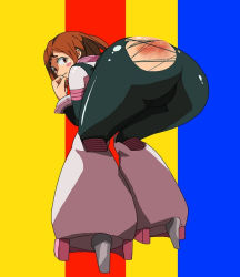 10s 1girl artist_request ass bent_over blush blush_stickers bodysuit boku_no_hero_academia boots brown_eyes brown_hair curvy female_focus formal from_behind hip_focus huge_ass looking_at_viewer looking_back shiny_clothes shiny_skin short_hair skin_tight solo spanked suit thick_thighs thighs tight_clothes torn_clothes uraraka_ochako wide_hips rating:Explicit score:13 user:armorcrystal