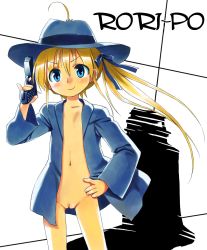  1girl blonde_hair blue_eyes blush bottomless bow character_request clitoris coat copyright_request fedora flat_chest gun hand_on_own_hip hat highres loli naked_coat open_clothes pussy smirk solo tatata thigh_gap uncensored weapon  rating:Explicit score:31 user:sytalidis