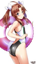 1girl ahoge alternate_costume artist_name ass back black_one-piece_swimsuit blush brown_hair competition_swimsuit dated flat_chest hair_ribbon highres innertube kagerou_(kancolle) kagerou_kai_ni_(kancolle) kantai_collection long_hair looking_at_viewer one-piece_swimsuit purple_eyes ribbon simple_background smile solo standing swim_ring swimsuit tsuchimiya twintails white_background white_ribbon rating:Questionable score:24 user:danbooru