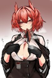  1girl absurdres animal_ears arknights bird_ears bird_girl black_gloves black_skirt breasts center_opening chest_harness cleavage clothes_lift clothes_pull commentary_request feather_hair fiammetta_(arknights) gloves gradient_background grey_background hair_between_eyes harness heavy_breathing highres large_breasts lifted_by_self looking_at_viewer mitarashi_renge mouth_hold paizuri_invitation pulled_by_self red_eyes red_hair shirt short_hair simple_background skirt solo steam sweat upper_body white_background white_shirt 