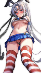  1girl ahoge akitsushima_(kancolle) arms_behind_back black_hairband black_neckerchief black_panties blue_sailor_collar blue_skirt breasts cosplay crop_top eckert&amp;eich elbow_gloves feet_out_of_frame from_below gloves grey_hair hairband highleg highleg_panties highres kantai_collection long_hair microskirt miniskirt neckerchief panties pleated_skirt purple_eyes sailor_collar shimakaze_(kancolle) shimakaze_(kancolle)_(cosplay) shirt side_ponytail simple_background skirt sleeveless sleeveless_shirt small_breasts solo striped_clothes striped_thighhighs thighhighs underboob underwear white_background white_gloves 