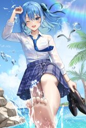  1girl absurdres alternate_costume bare_shoulders barefoot bikini bikini_under_clothes bird black_footwear blue_eyes blue_hair blue_necktie blue_skirt blue_sky breasts cloud collared_shirt commentary_request feet foreshortening highres holding holding_shoes hololive hoshimachi_suisei long_hair looking_at_viewer nakaneabura8623 necktie one_eye_closed school_uniform seagull see-through see-through_shirt shirt shoes skirt sky small_breasts soles solo striped_bikini striped_clothes swimsuit toes virtual_youtuber wet wet_clothes white_shirt 