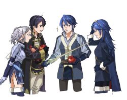  2boys 2girls apple armor belt black_hair blue_cape blue_eyes blue_gloves blue_hair breastplate brother_and_sister brown_belt cape closed_eyes commentary_request cynthia_(fire_emblem) fire_emblem fire_emblem_awakening food fruit gloves grey_hair hand_on_own_hip highres holding holding_food holding_fruit inigo_(fire_emblem) long_sleeves lucina_(fire_emblem) morgan_(fire_emblem) morgan_(male)_(fire_emblem) multiple_boys multiple_girls nanao_parakeet nintendo pauldrons profile shoulder_armor siblings simple_background sweatdrop sword tiara twintails weapon white_background 