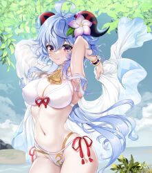  1girl adapted_costume ahoge armpits arms_up bell bikini blue_hair bracelet breasts cleavage covered_erect_nipples cropped_legs flower ganyu_(genshin_impact) genshin_impact groin hair_between_eyes hair_flower hair_ornament highres horns jewelry large_breasts long_hair looking_at_viewer navel neck_bell outdoors purple_eyes red_rope rope sidelocks skindentation sky smile solo standing stomach swimsuit tassel thighs uran_(uran-factory) white_bikini 
