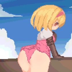 1girl animated animated_gif ass blonde_hair brown_eyes day djeeta_(granblue_fantasy) female_focus from_behind gloves granblue_fantasy hairband haryu_moe looking_back lowres outdoors panties pink_panties pixel_art short_hair solo underwear rating:Questionable score:127 user:Dweenie