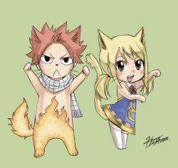 1boy 1girl :&lt; animal_ears blonde_hair cat cat_ears cat_tail fairy_tail looking_at_viewer low_twintails lucy_heartfilia mashima_hiro natsu_dragneel official_art paw_pose skirt tail twintails whiskers rating:Sensitive score:8 user:dmysta3000