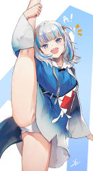  1girl blue_eyes blue_hair crotch_seam fins fish_tail gawr_gura gawr_gura_(1st_costume) hair_ornament hairclip highres hololive hololive_english hood hoodie long_hair multicolored_hair open_mouth panties shark_girl shark_tail sharp_teeth solo split standing standing_on_one_leg standing_split streaked_hair tail teeth twintails two-tone_hair underwear virtual_youtuber white_hair white_panties wide_sleeves y.i._(lave2217)  rating:Sensitive score:85 user:danbooru